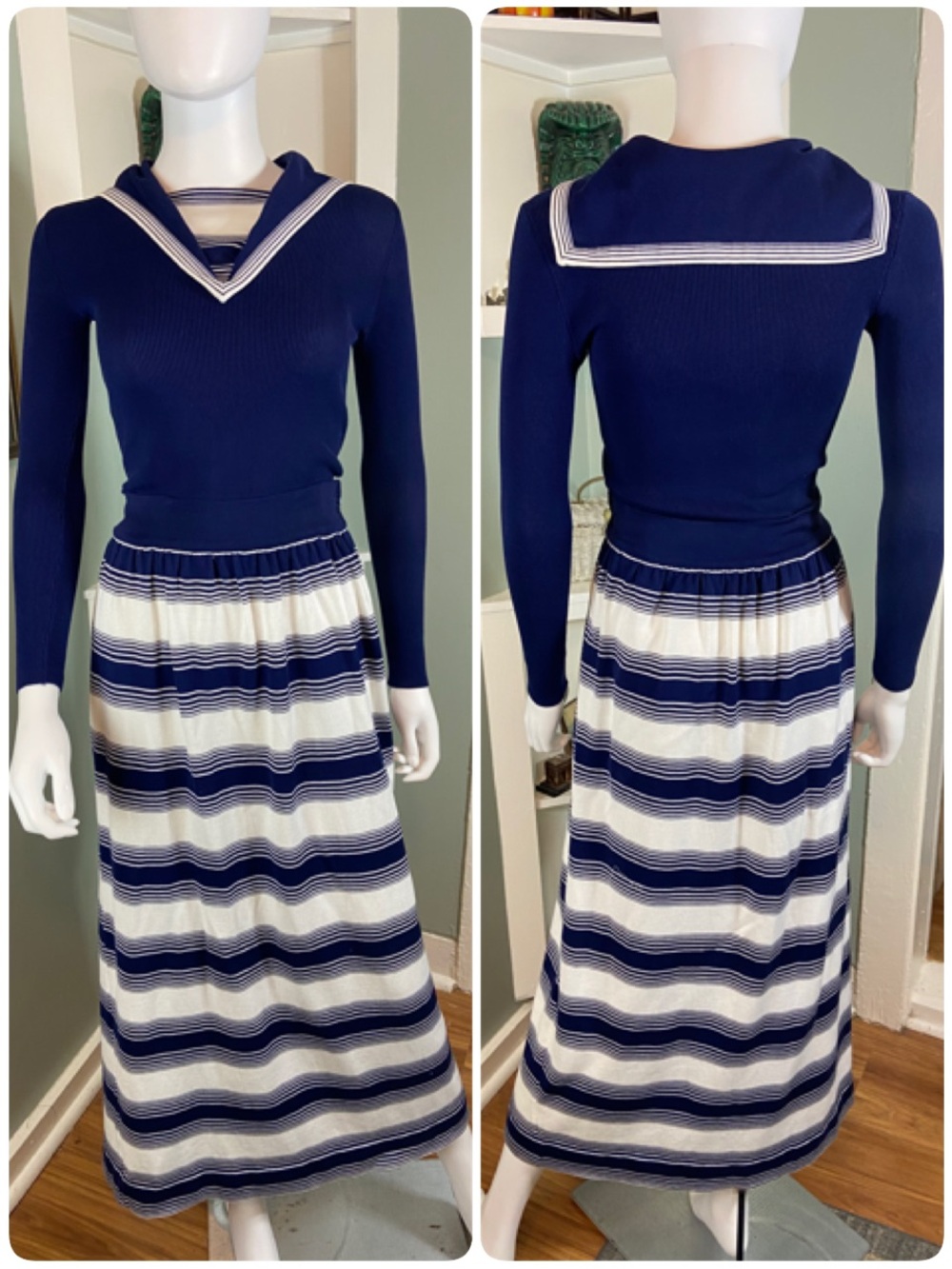 Vintage 60s 70s Carissa Italy Sailor Sweater Navy Striped Maxi Skirt Top Set